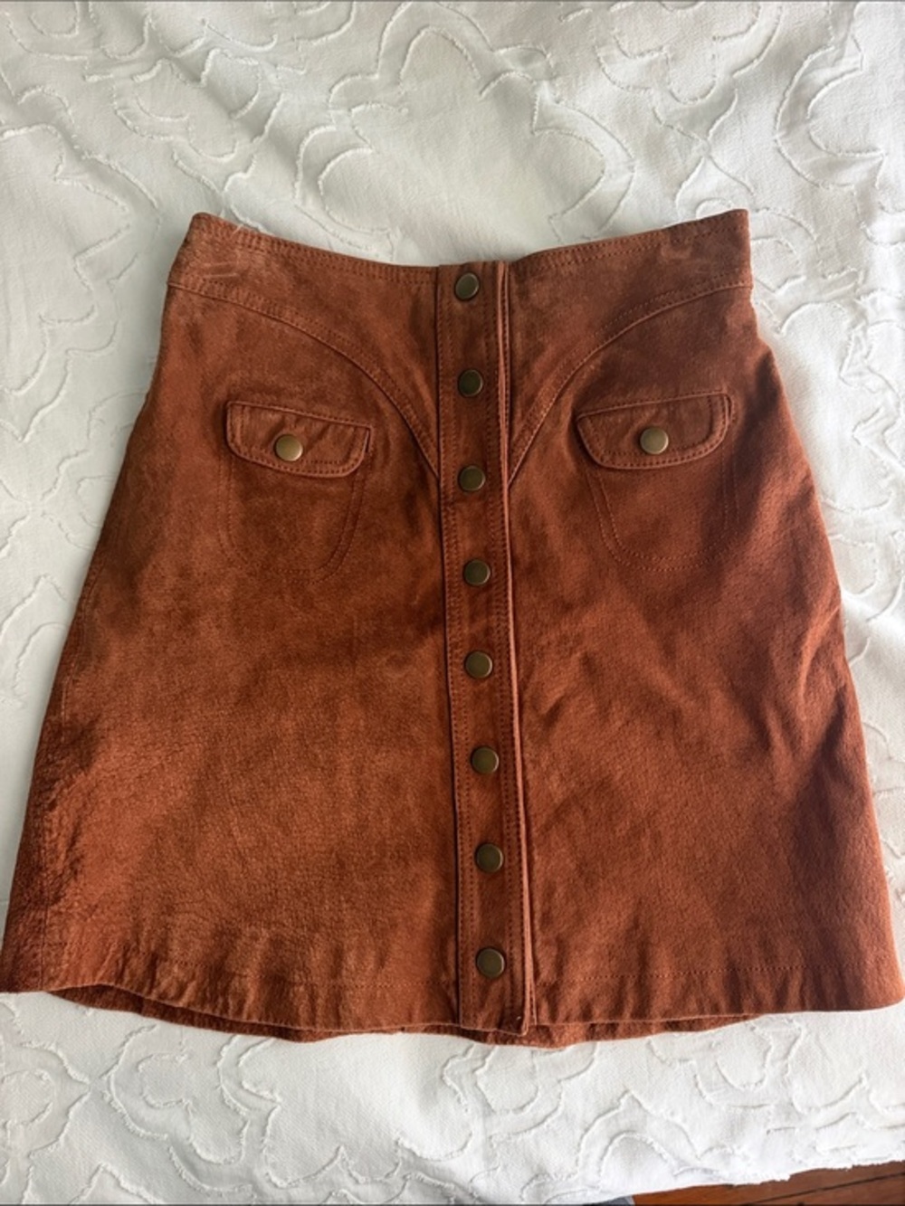Rust Button-Front Mini Skirt with Flap Pockets Suede / Leather